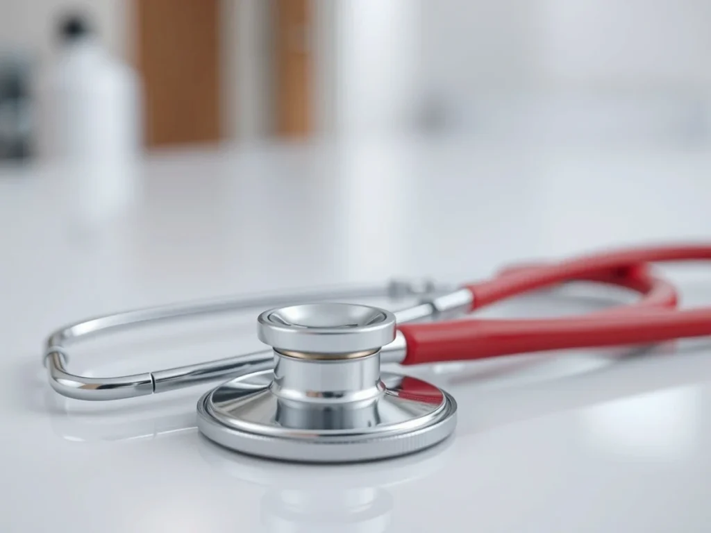 Estetoscopio sobre una superficie blanca en un entorno médico