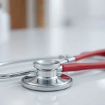 Estetoscopio sobre una superficie blanca en un entorno médico