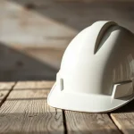 Casco de seguridad blanco sobre una mesa de madera
