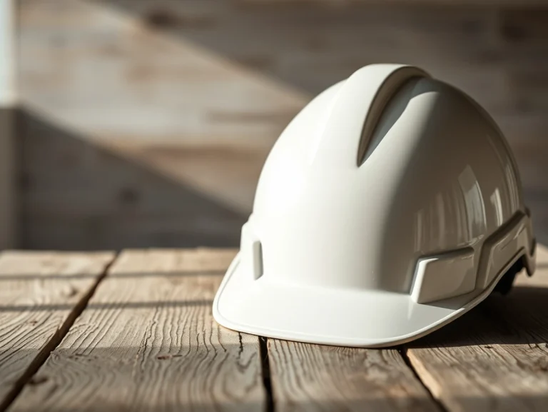 Casco de seguridad blanco sobre una mesa de madera