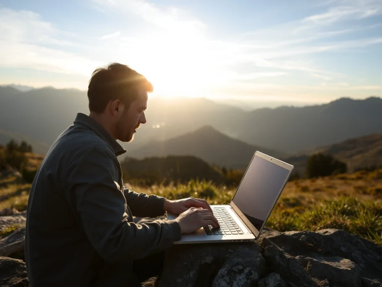 Hombre trabajando en una laptop al aire libre con montañas de fondo