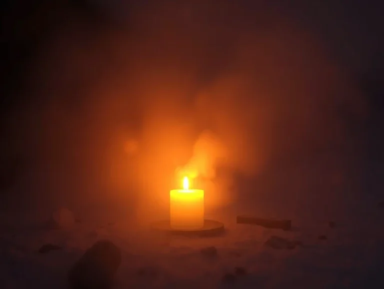 Una vela encendida en un ambiente oscuro y nebuloso.