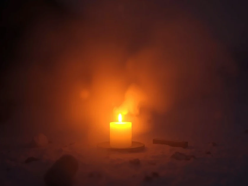 Una vela encendida en un ambiente oscuro y nebuloso.