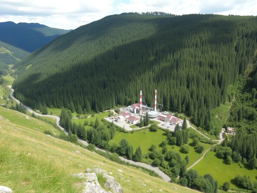 Vista panorámica de una planta industrial rodeada de montañas y árboles