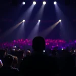 Silhouette de una persona frente a un público iluminado en un evento