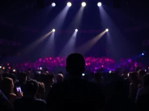 Silhouette de una persona frente a un público iluminado en un evento