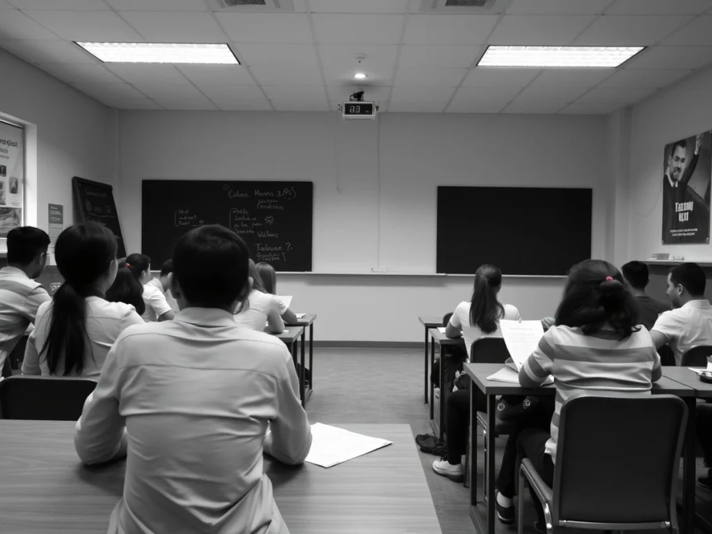 Grupo de personas sentadas en un aula mirando hacia el frente.