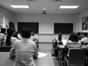 Grupo de personas sentadas en un aula mirando hacia el frente.