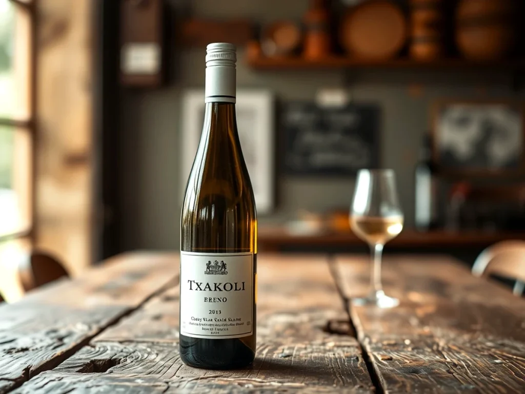 Botella de Txakoli sobre una mesa de madera con copa