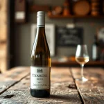 Botella de Txakoli sobre una mesa de madera con copa