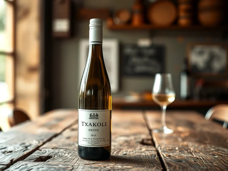Botella de Txakoli sobre una mesa de madera con copa