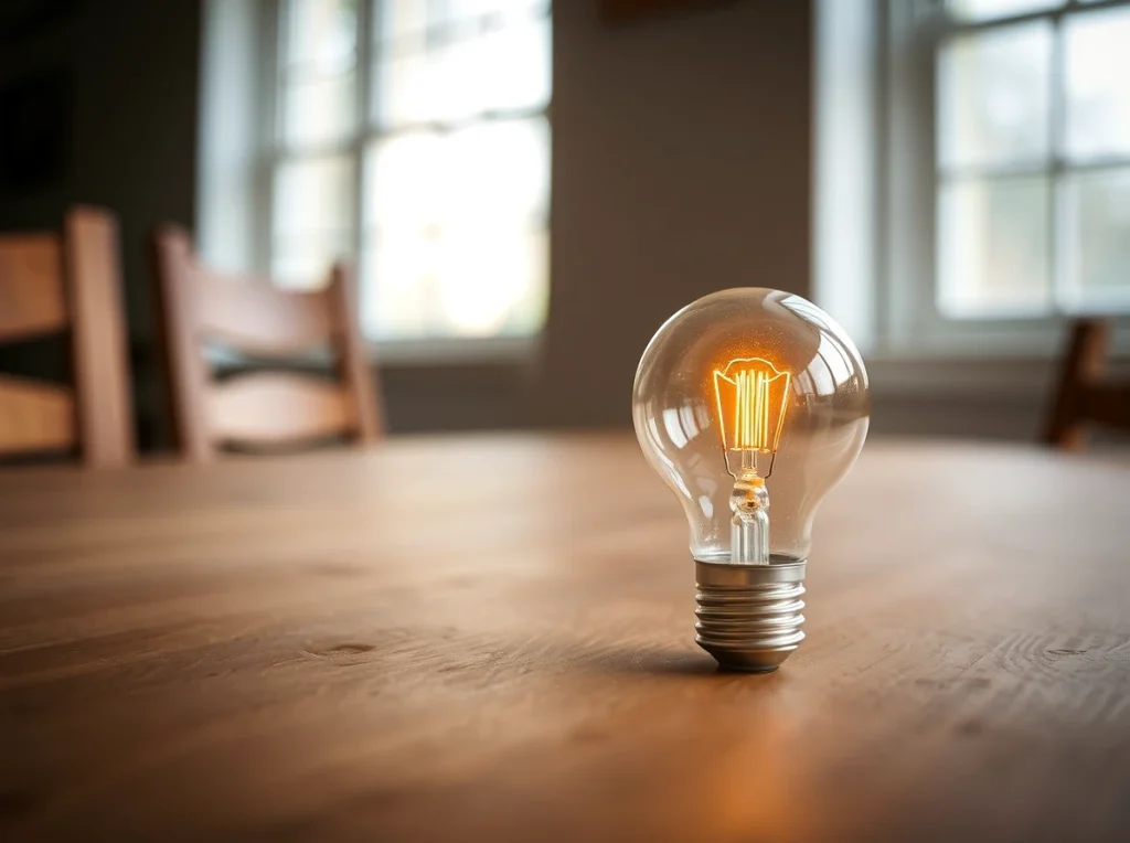 Bombilla encendida sobre una mesa de madera clara.