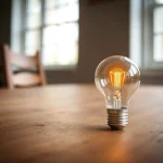 Bombilla encendida sobre una mesa de madera clara.