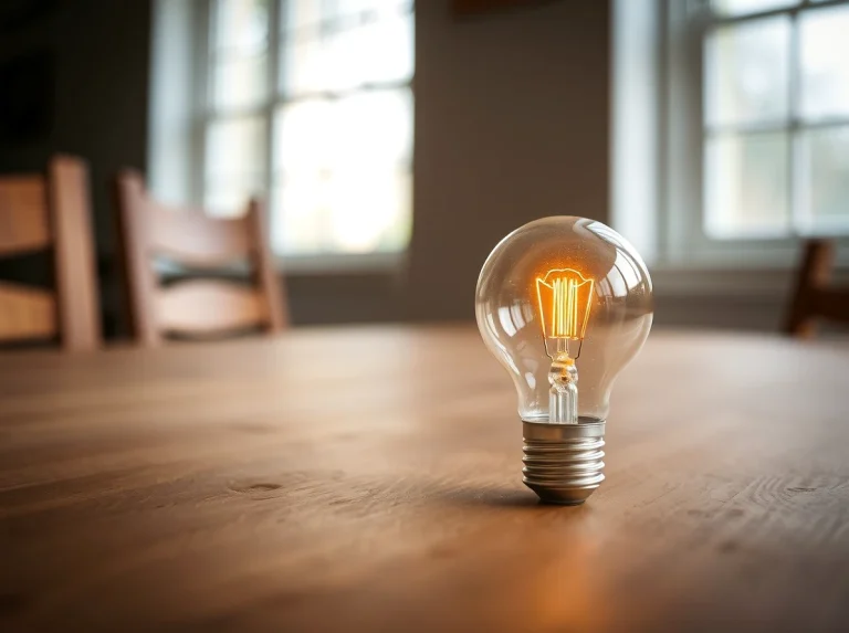 Bombilla encendida sobre una mesa de madera clara.