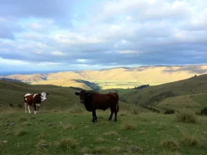 Dos vacas pastando en un paisaje montañoso de Araba