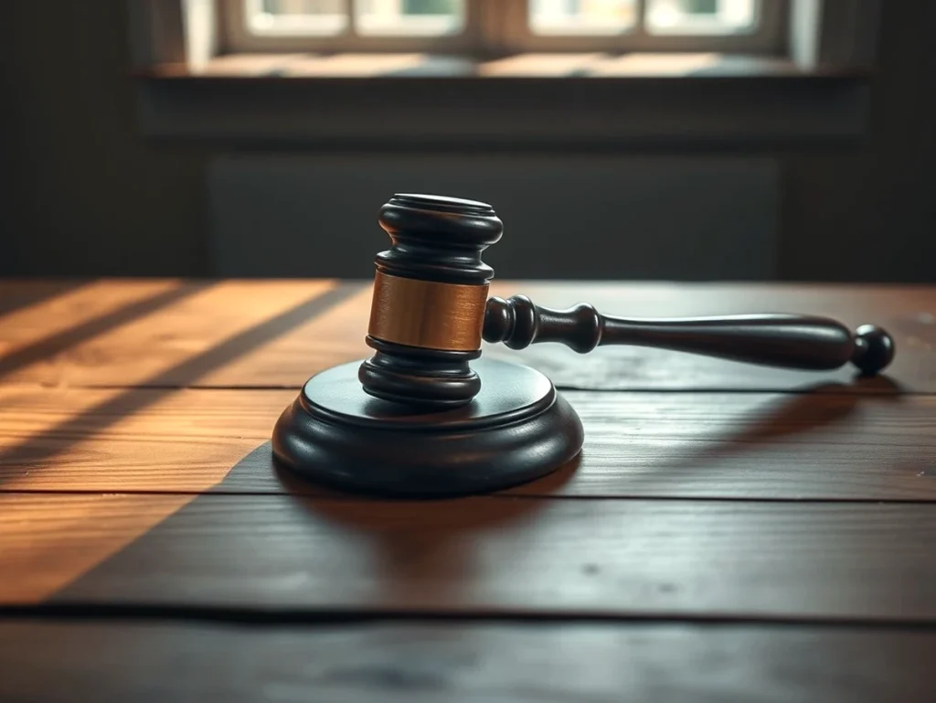 Martillo de juez sobre una mesa de madera iluminada