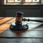 Martillo de juez sobre una mesa de madera iluminada