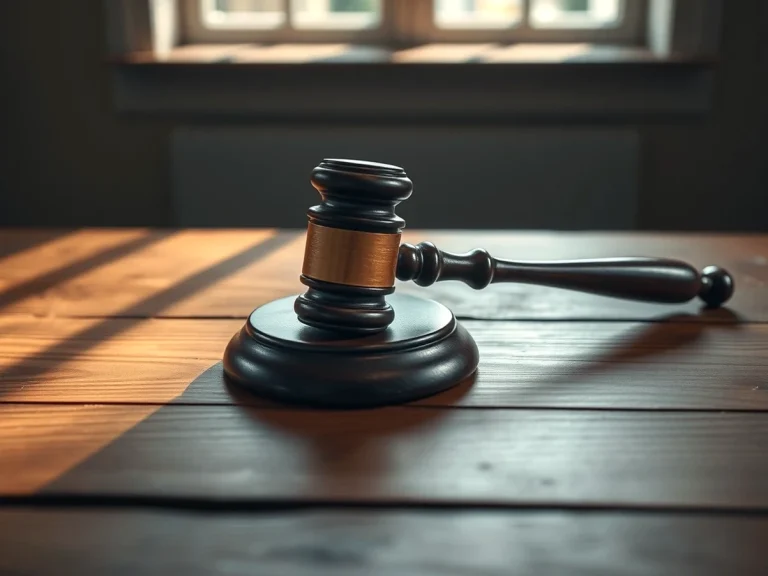 Martillo de juez sobre una mesa de madera iluminada