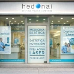 Fachada de la clínica Hedonai con anuncios de servicios estéticos