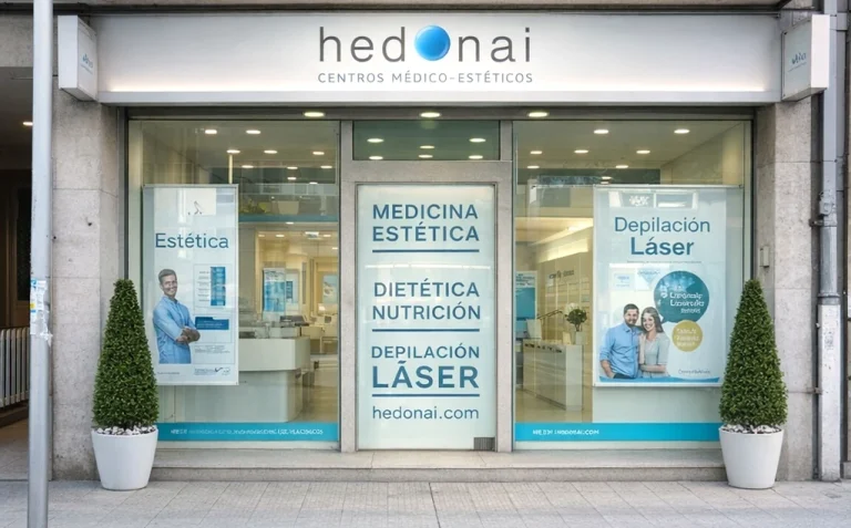 Fachada de la clínica Hedonai con anuncios de servicios estéticos