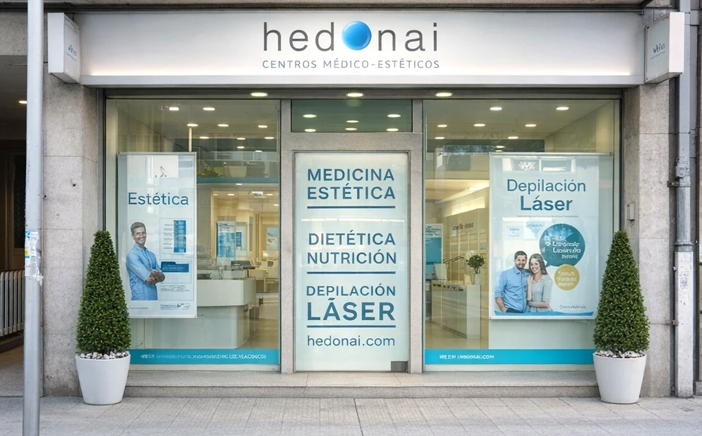 Fachada de la clínica Hedonai con anuncios de servicios estéticos