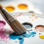 Pincel sobre paleta de colores con pintura azul y otros tonos.