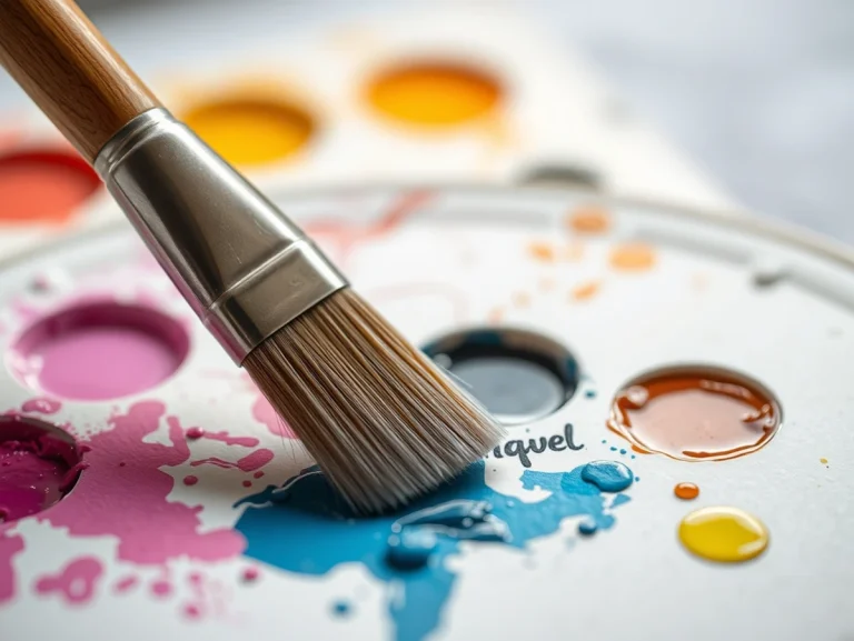 Pincel sobre paleta de colores con pintura azul y otros tonos.