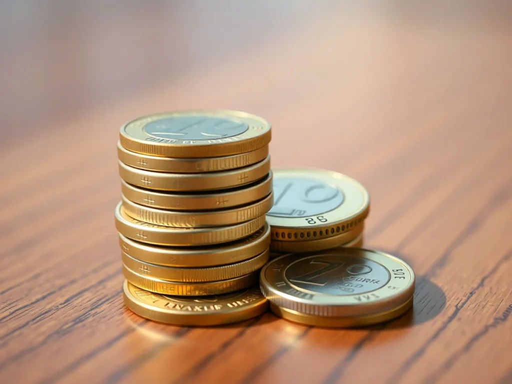 Monedas apiladas sobre una superficie de madera