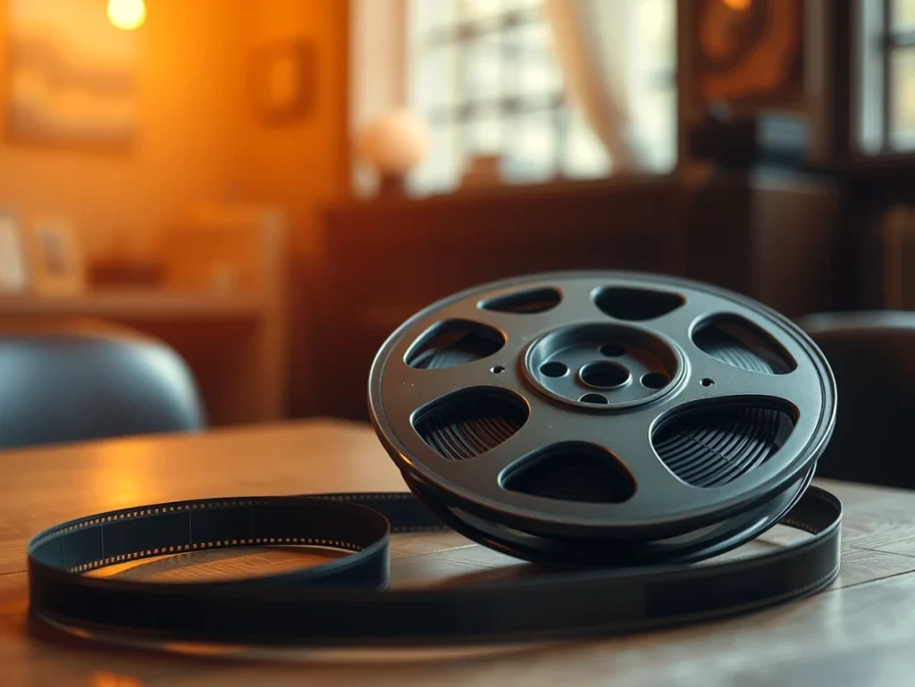 Carrete de película sobre una mesa en un ambiente cálido