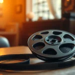 Carrete de película sobre una mesa en un ambiente cálido