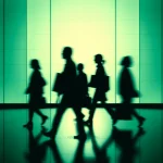 Silhouettes de personas caminando en un entorno urbano