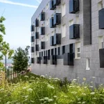 Edificio de viviendas con balcones y vegetación en primer plano
