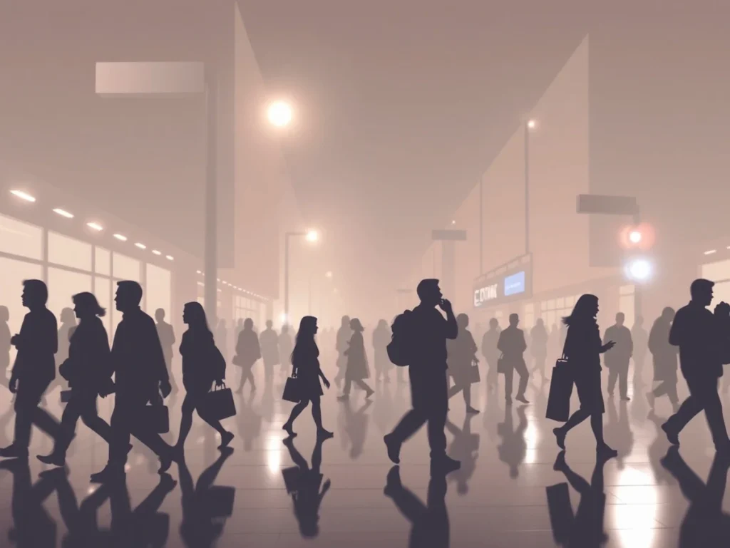 Siluetas de personas caminando en un entorno urbano difuso.