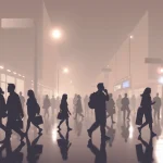 Siluetas de personas caminando en un entorno urbano difuso.