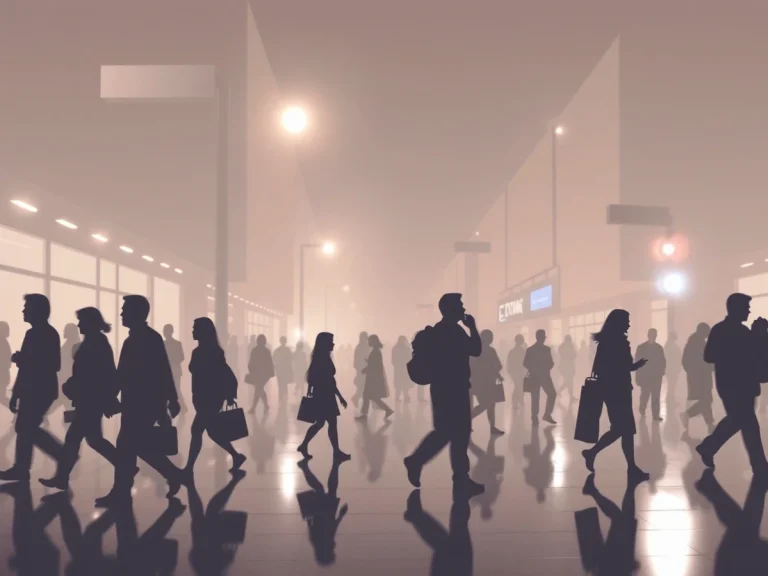 Siluetas de personas caminando en un entorno urbano difuso.