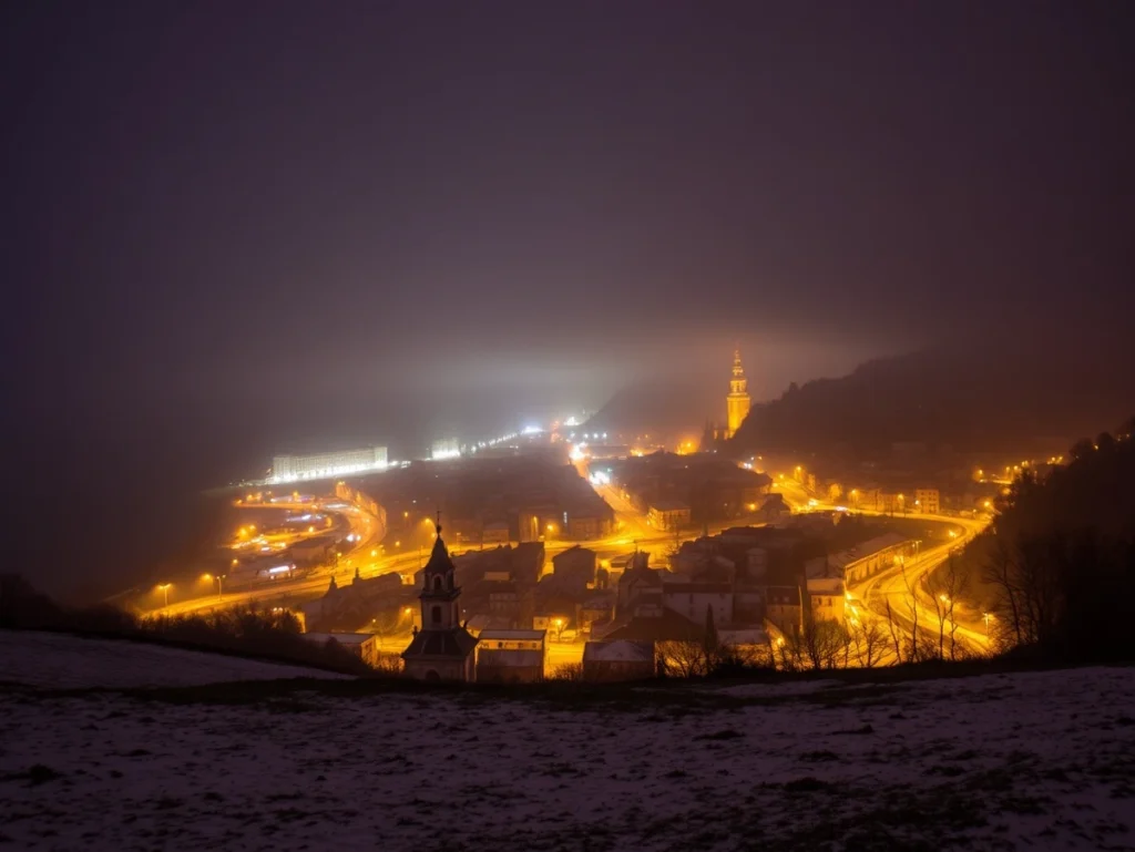 Vista nocturna de un pueblo iluminado con niebla
