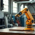 Brazo robótico amarillo en un taller industrial moderno.