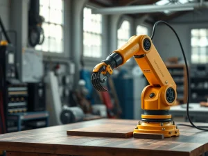 Brazo robótico amarillo en un taller industrial moderno.