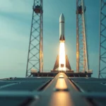 Cohete despegando desde una plataforma de lanzamiento