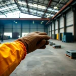 Mano con guante en un entorno industrial vacío