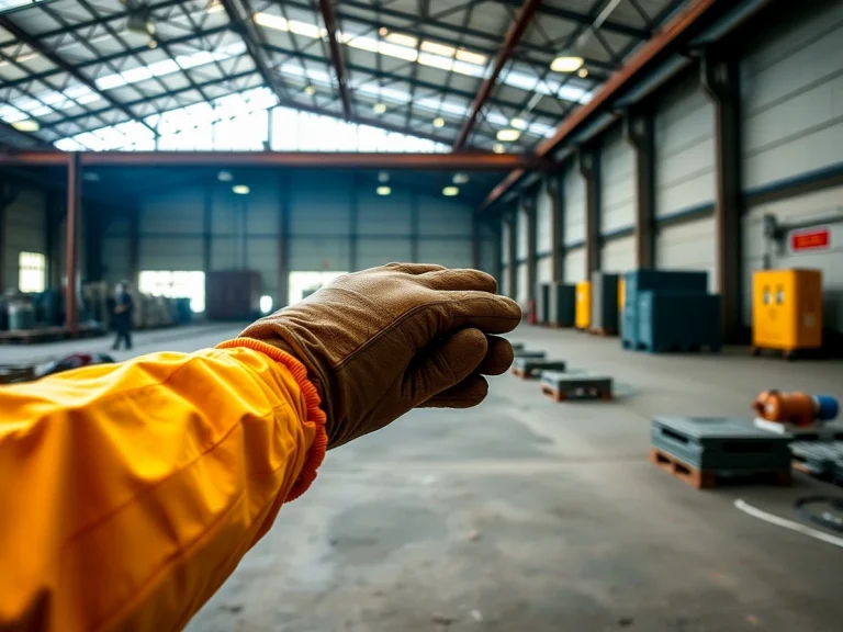 Mano con guante en un entorno industrial vacío