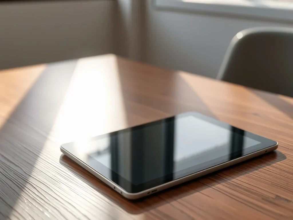Tableta sobre una mesa de madera con luz natural
