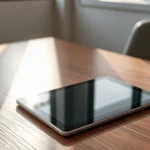 Tableta sobre una mesa de madera con luz natural