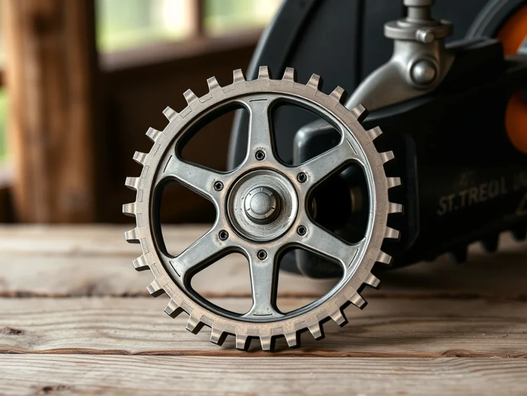 Engranaje metálico sobre una superficie de madera