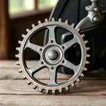 Engranaje metálico sobre una superficie de madera