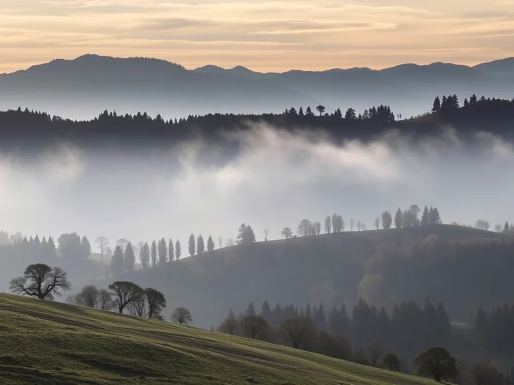 Paisaje montañoso con niebla y árboles al amanecer
