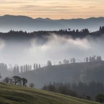Paisaje montañoso con niebla y árboles al amanecer
