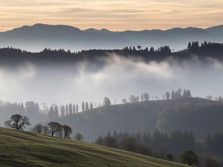 Paisaje montañoso con niebla y árboles al amanecer