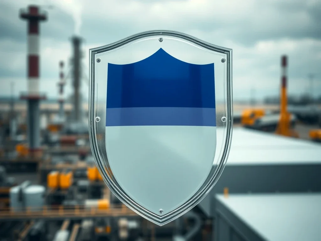 Escudo industrial en un entorno urbano con fábricas