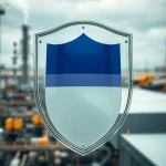 Escudo industrial en un entorno urbano con fábricas